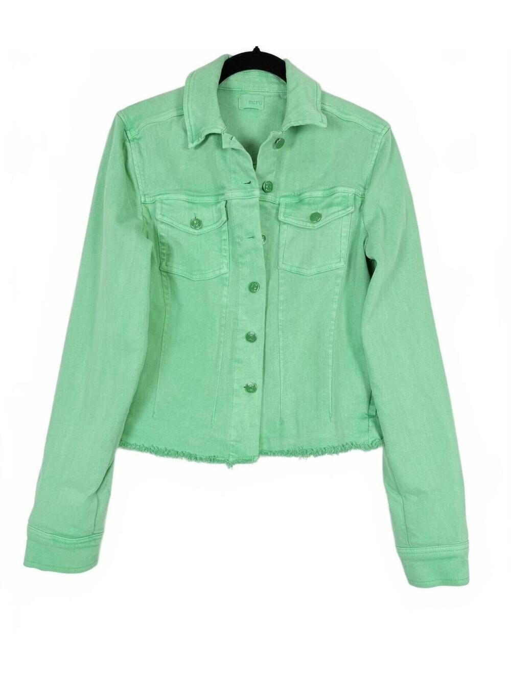 Ecru Mint Green‎ Cropped Stretch Denim Jacket Frayed Raw Hem Jean Size Small